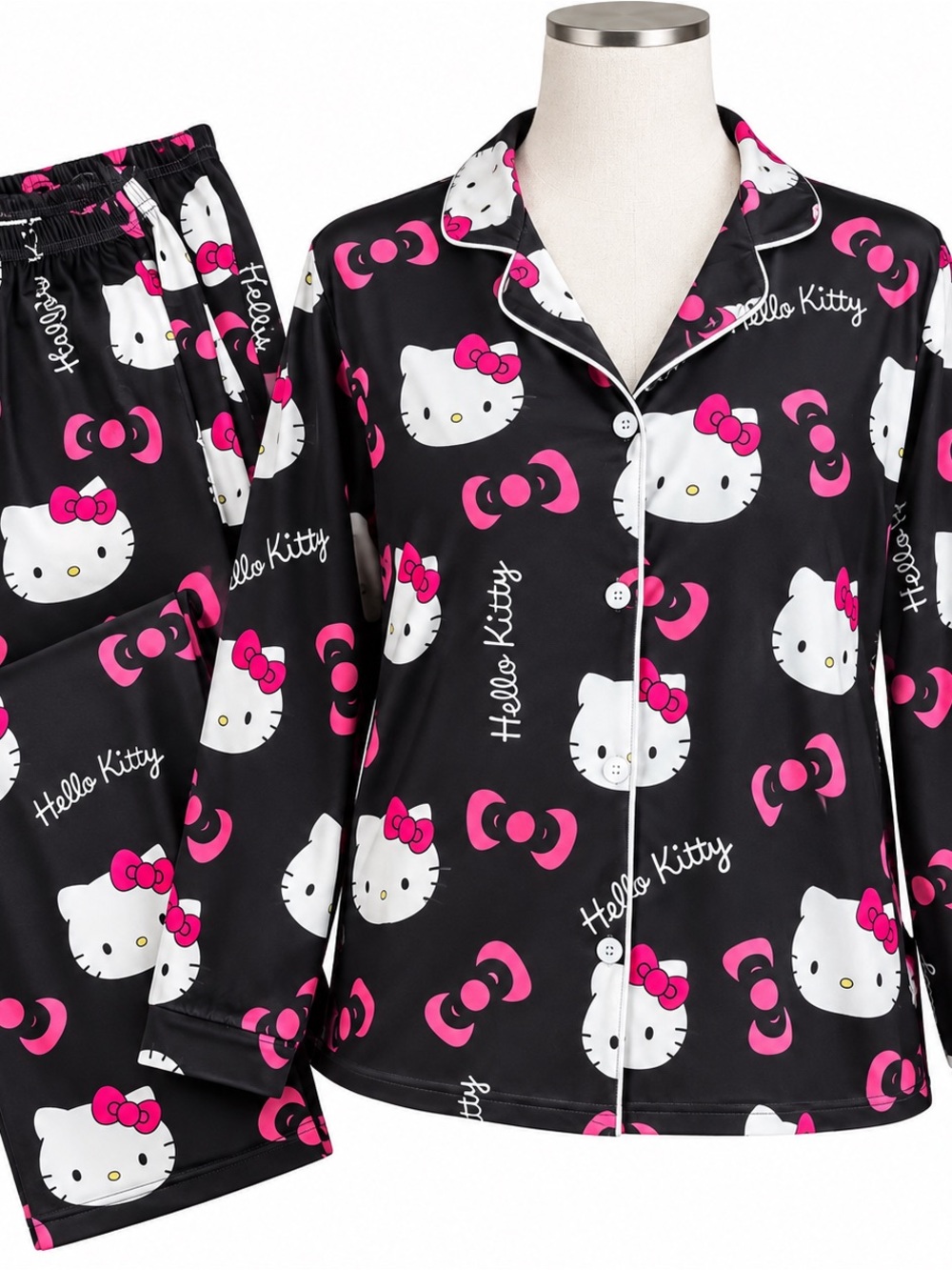 Hello Kitty Black and Pink Satin Pajama Set for Kids